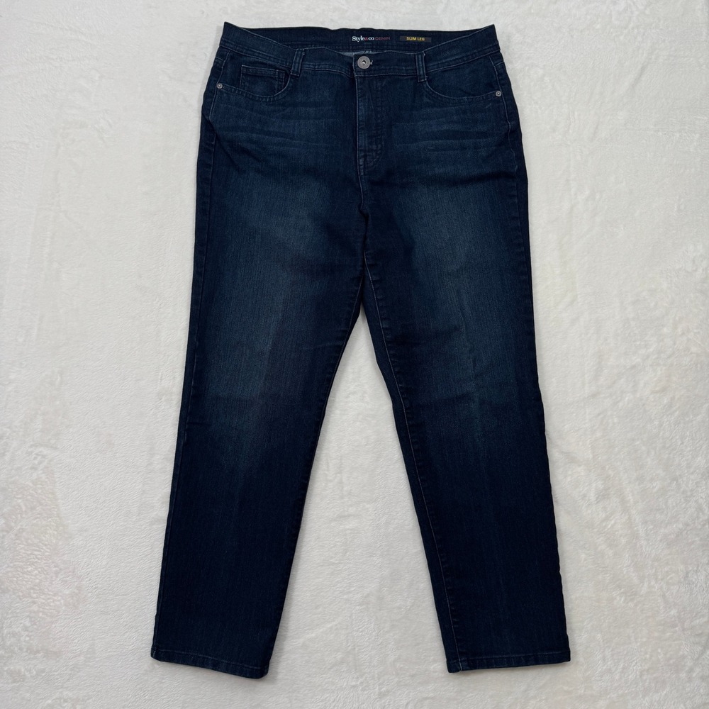 Style & Co Jeans Womens 16P Dark Blue Slim Leg Petite Stretch Mid Rise Denim